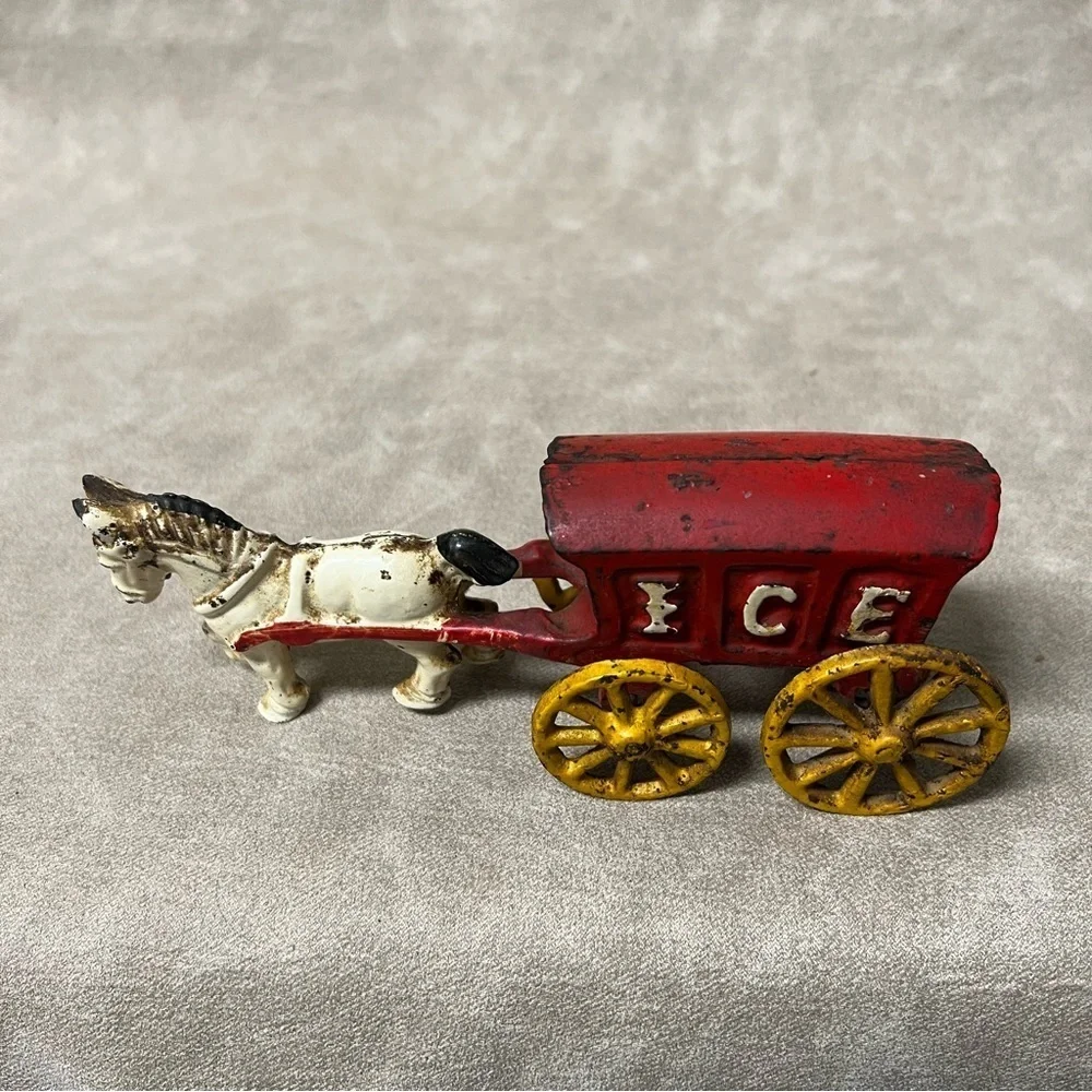 Toy Antique Cast Iron Horse Drawn Ice Wagon Red White  7.5x2x3 Inches